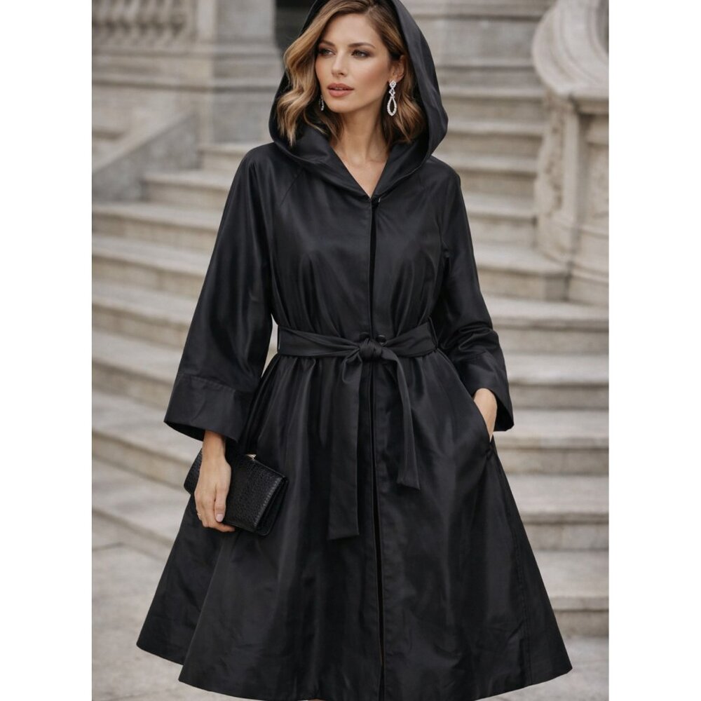 CASSIN New York Coat Jacket Lightweight Hooded Black Lagenlook Belted size L